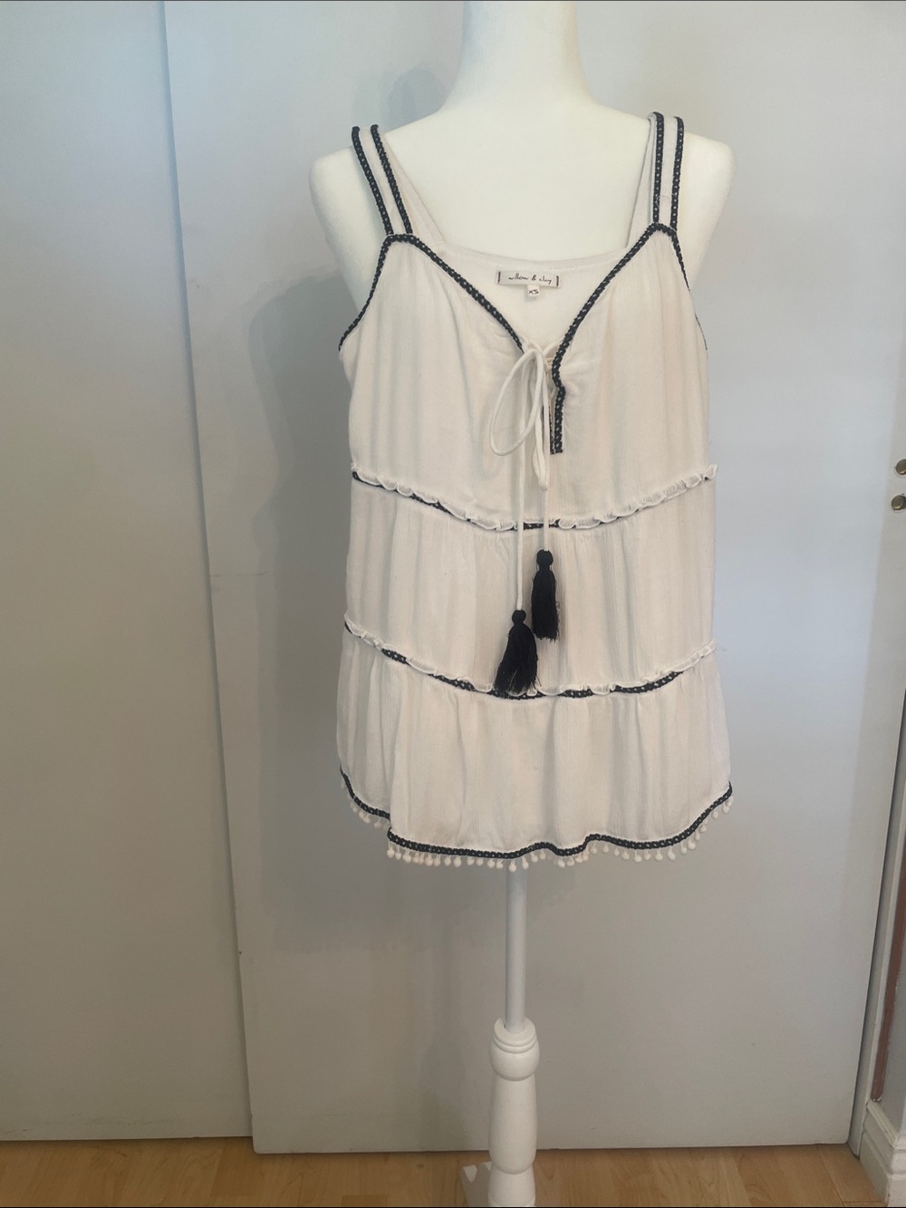 Willow & Clay White Cami with Black Trim and Tassels